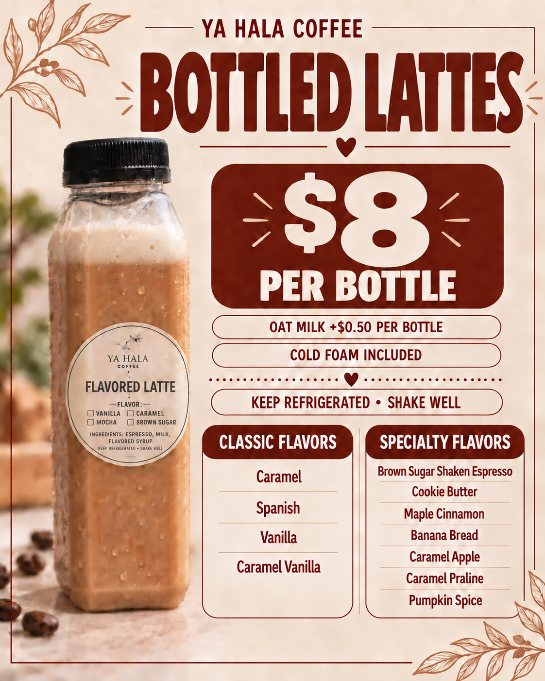 Ya Hala Coffee bottled lattes menu — $8 per bottle, classic and specialty flavors